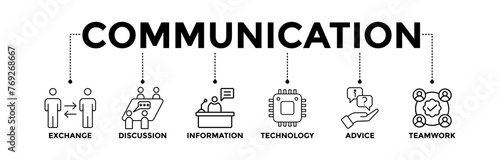 Communication banner icons set with black outline icon of exchange, discussion, information, technology, advice, and teamwork