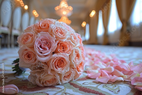 A beauteous bridal bouquet of pale pink roses lies on a patterned carpet, awaiting the grand wedding ceremony