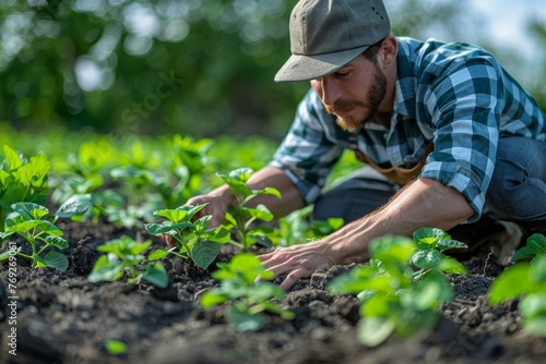 A farmer in checkered shirt and cap is attentively caring for the growing crop plants in a sunlit agricultural field