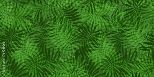 Bright dark and light green tropical seamless pattern with overlap mess of ink hand drawn fern leaves. Exotic plants print for textile, wrapping paper, surface, wallpaper, background