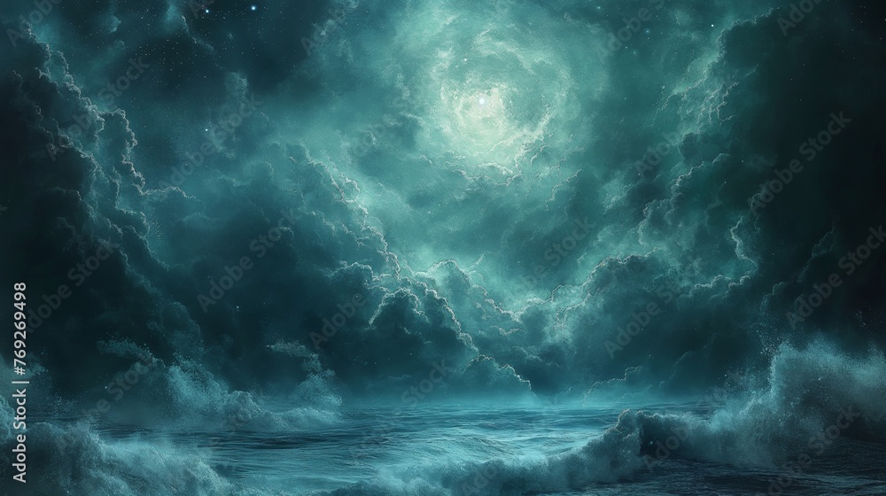 Black dark turquoise blue white night sky. Cloud star constellation galaxy nebula universe space dream fly sleep. Light moon glow twinkle. Fantasy, fantastic, epic. Wallpaper concept