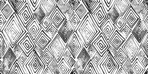 Artistic textured vector black and white ink hand drawn rhombus seamless pattern. Grunge geometric print with unique rhomb shapes for textile design, wrapping paper, surface, wallpaper