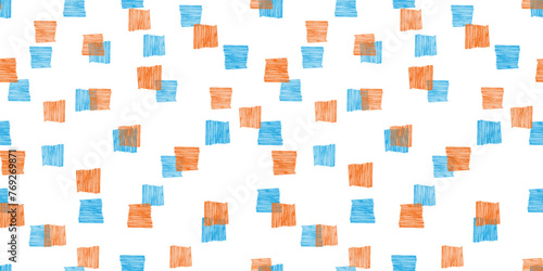 Artistic playful vector textured hand drawn seamless pattern with chaotic stroking square shapes. Orange and blue texture for kids textile design, wrapping paper, surface, background