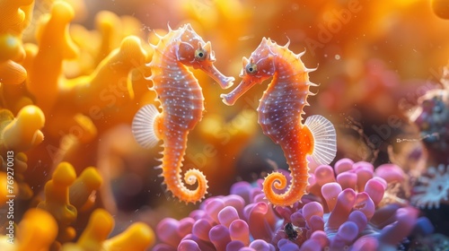 Two seahorses perched on orange coral reef in underwater marine environment © yuchen