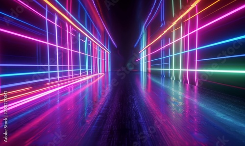 cycled 3d animation. Abstract neon background with colorful glowing lines appear on the left side, sliding right and fade away. Futuristic animated, Generative AI 