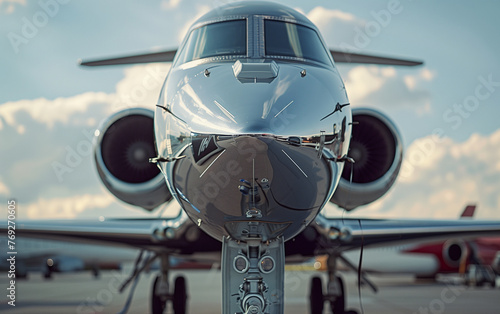 Close-up of a silver private jet parked on a paved airport runway.