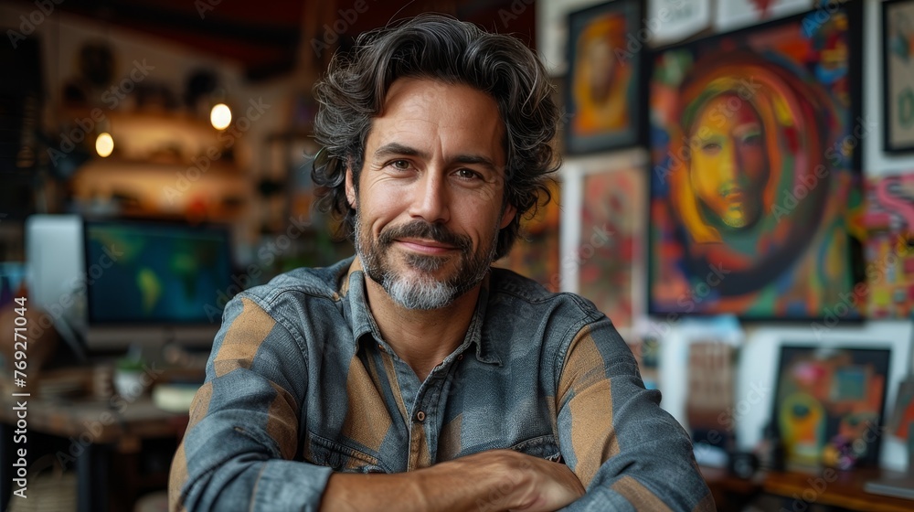 A man with a beard and casual plaid shirt smiles confidently in his bohemian styled art studio A man with a beard and casual plaid shirt smiles confidently in his bohemian styled art studio