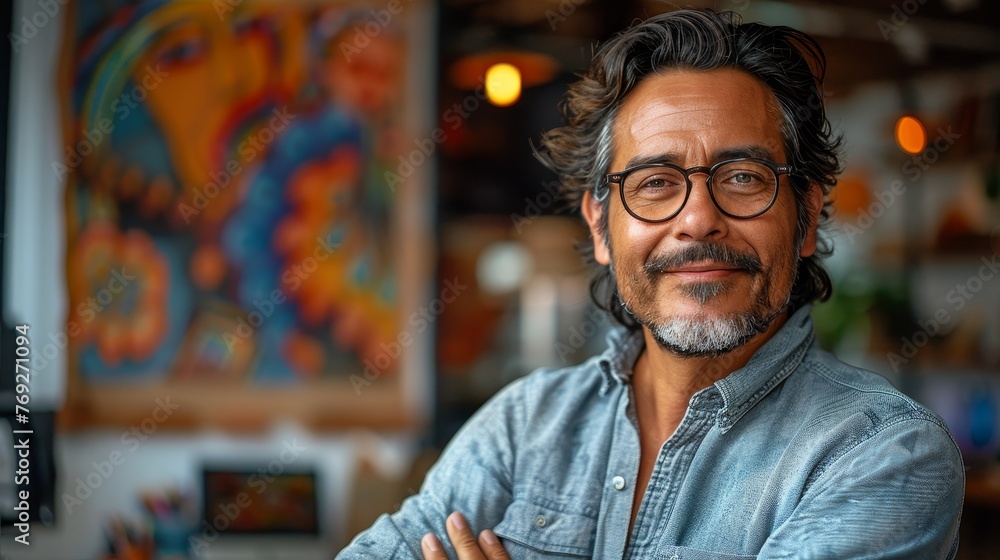 Serene artist with glasses smiles gently, surrounded by his colorful artwork in a well-lit studio Serene artist with glasses smiles gently, surrounded by his colorful artwork in a well-lit studio