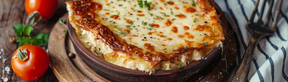 Moussaka slice focus on creamy bechamel
