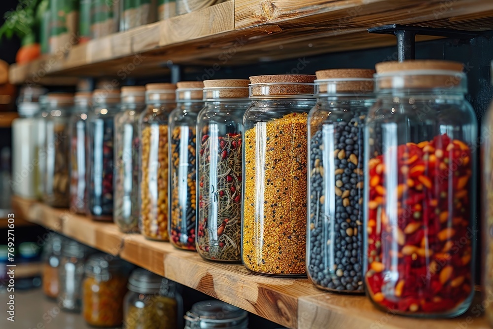 A neat row of assorted spices in clear glass jars on wooden shelves, representing variety and organization in the kitchen A neat row of assorted spices in clear glass jars on wooden shelves, representing variety and organization in the kitchen
