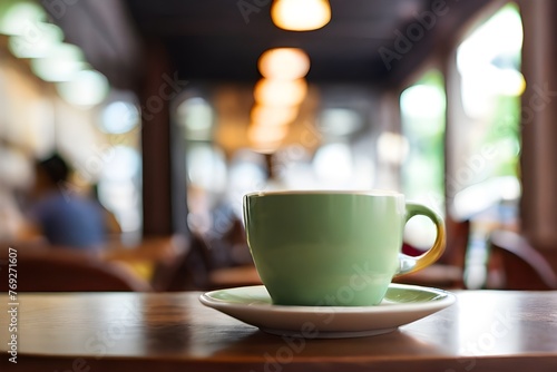 Coffee cup on the table with people in coffee shop as blur background Generative AI