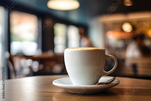 Coffee cup on the table with people in coffee shop as blur background Generative AI