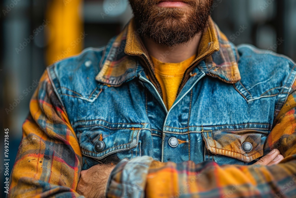 Fototapeta premium Detailed shot capturing the texture and rugged style of a denim jacket worn by an unrecognizable man