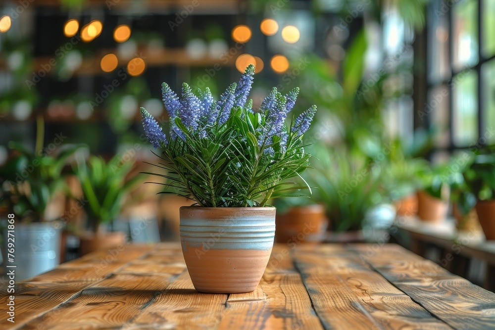 A beautifully potted lavender plant sitting on a wooden table inside a cozy gourmet cafe A beautifully potted lavender plant sitting on a wooden table inside a cozy gourmet cafe