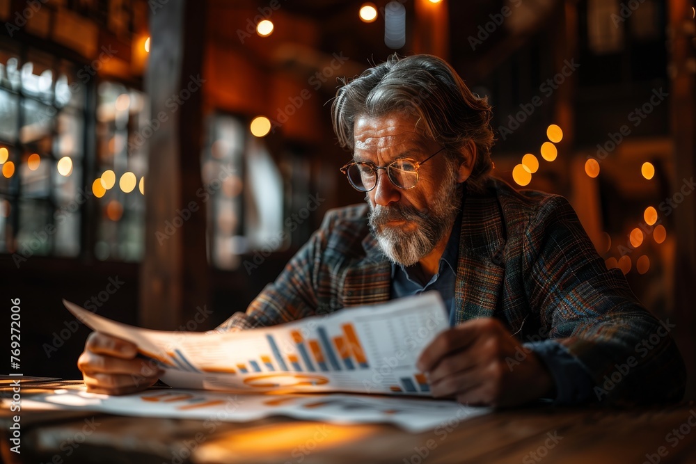 Amidst the bokeh of warm lights, a mature man in a checkered jacket examines charts, symbolizing business, strategy, and diligence Amidst the bokeh of warm lights, a mature man in a checkered jacket examines charts, symbolizing business, strategy, and diligence