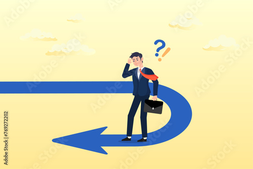 Frustrated businessman investor looking at his reverse direction pathway, business turning point, break event or change direction, reverse back, interest rate or financial trend change (Vector)