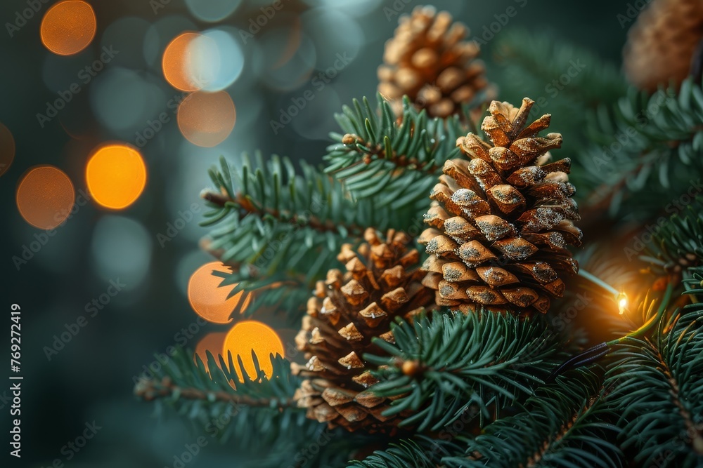 Close-up of snow-dusted pine cones adorned on a Christmas tree with warm bokeh lights Close-up of snow-dusted pine cones adorned on a Christmas tree with warm bokeh lights