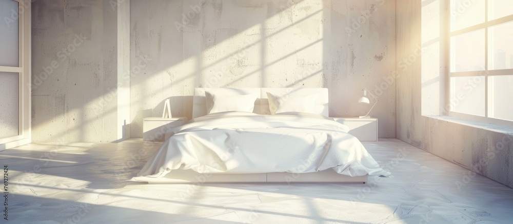 Modern bright bedroom interior with sunlight and shadows Modern bright bedroom interior with sunlight and shadows