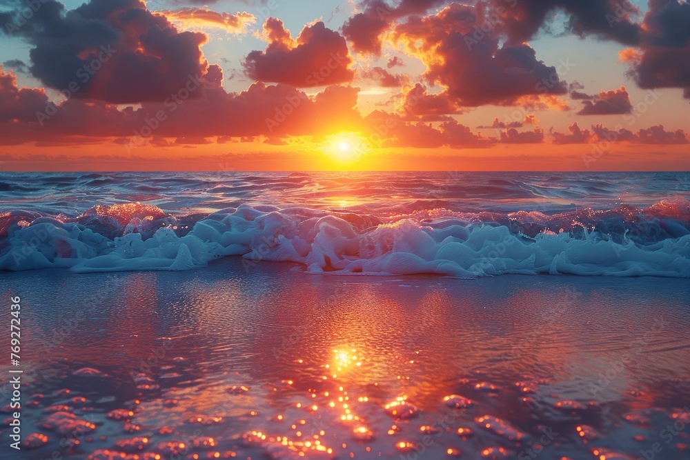 A captivating sunset over the ocean horizon with waves crashing and a sky filled with dramatic clouds