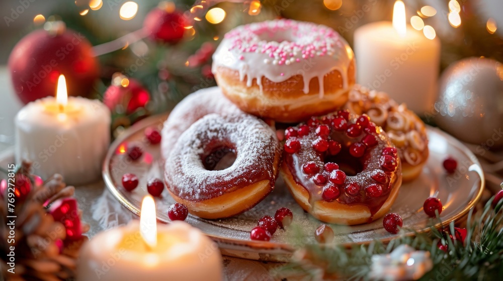 A plate topped with assorted glazed donuts covered in colorful frosting, ready to be enjoyed. A plate topped with assorted glazed donuts covered in colorful frosting, ready to be enjoyed.