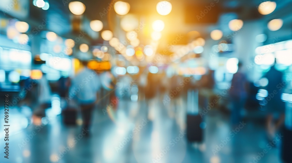 A busy crowd of people walking through an airport, with blurred figures in motion. A busy crowd of people walking through an airport, with blurred figures in motion.