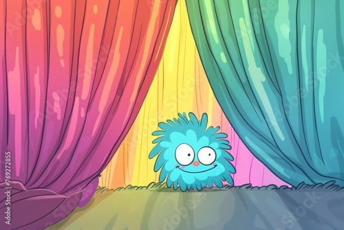 Cartoon cute doodles of a turquoise monster with fluffy feathers and a mischievous grin, hiding behind a rainbow-colored curtain, Generative AI