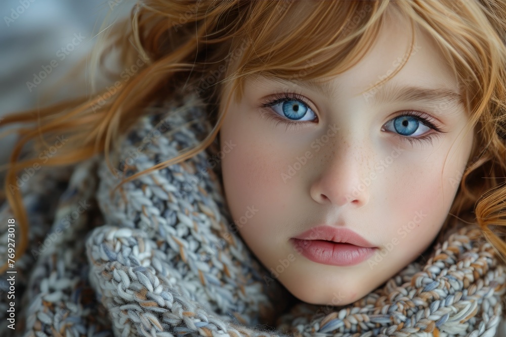 A close-up of a child with beautiful blue eyes and a warm scarf, conveying innocence A close-up of a child with beautiful blue eyes and a warm scarf, conveying innocence