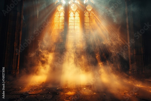 An atmospheric shot capturing light rays piercing through stained glass windows in an ancient gothic cathedral, creating a mystical aura photo