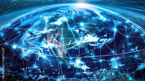 Digital world globe centered on USA  concept of global network and connectivity on Earth  data transfer and cyber technology  information exchange and international telecommunication. Business map