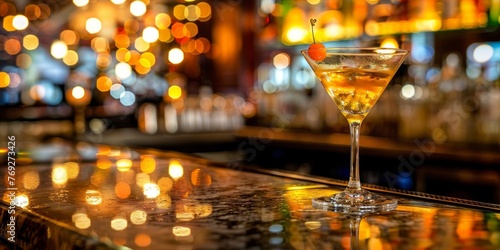Detailed view of a martini cocktail placed on a bar counter, highlighting the drinks elegance and sophistication.