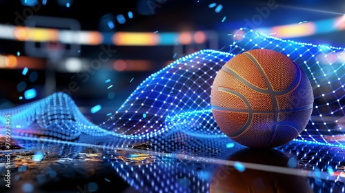 glowing blue rays, lines , banner basketball ball and hoop over dark background, sport, movement, energy and dynamic, healthy lifestyle, coopyspace. photo