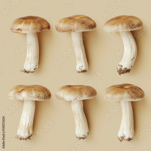 Variety of Six Different Types of Mushrooms on Beige Background with One Centered