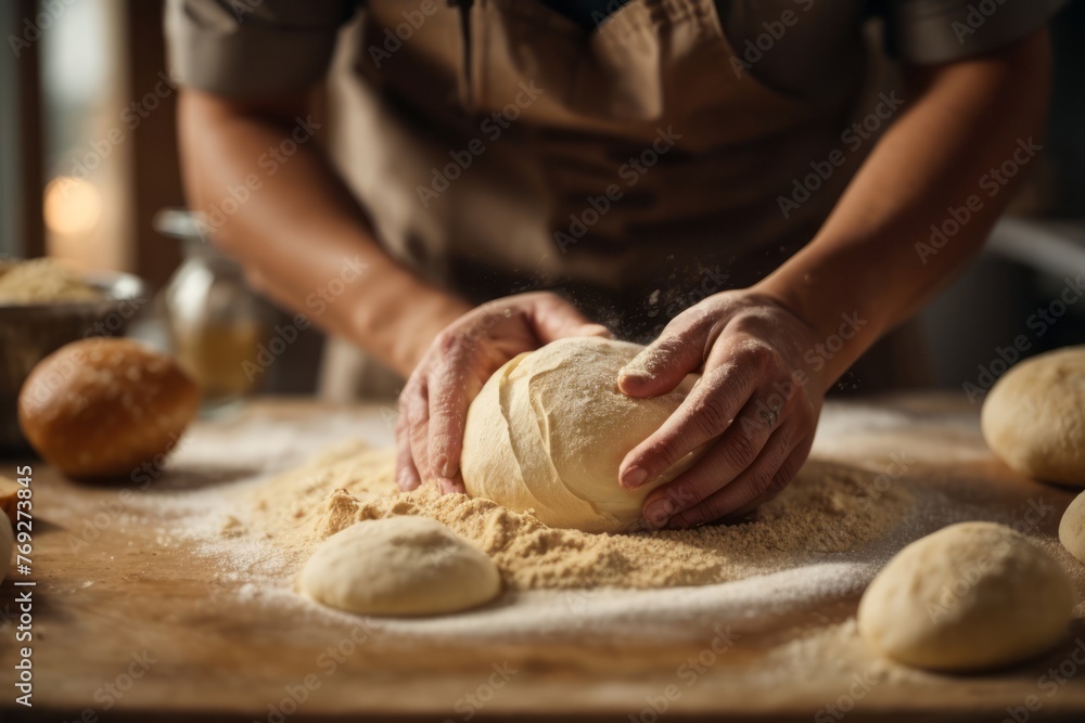 male baker making dough for handmade bread in the kitchen