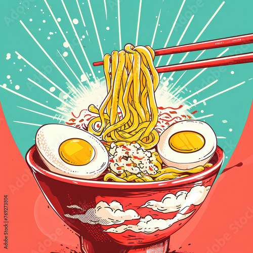 Delicious Asianstyle Ramen Bowl with Egg and Chopsticks, Tasty Noodle Dish for Food Concept Art and Menu Illustration photo