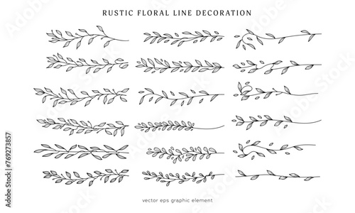 collection of decorative floral line divider for rustic wedding or design decoration element, rustic leaf branch decoration