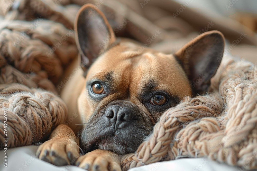 Close-up photo of a cute French bulldog lying comfortably on a chunky knit blanket, gazing into the camera