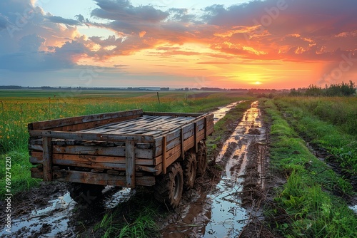 The peaceful countryside is embodied by a wooden cart against a backdrop of a breathtaking sunset