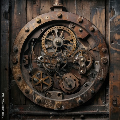 Steampunk Aesthetic: Old Metallic Clockwork on Wooden Backdrop
