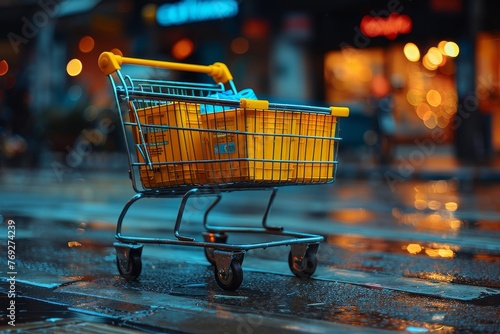 A solitary yellow shopping cart stands abandoned on a shiny rain-soaked street with city lights glowing in the background