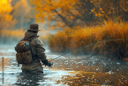 A fisherman clad in outdoor gear patiently awaits a catch under the warm autumn hues within a tranquil setting