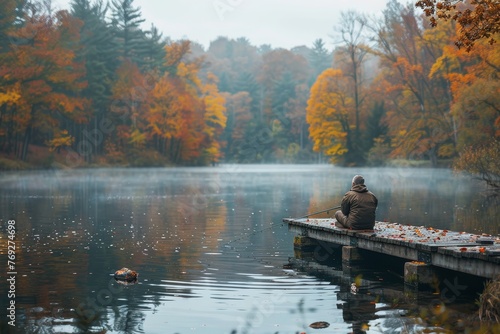 A man contemplates nature while sitting on a wooden pier by a misty, autumn-coloured lake, displaying a sense of peace