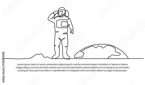 One continuous line of exploration in outer space. Vector illustration of minimalist style on a white background.