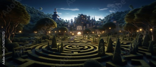 an AI-rendered visual of a highly detailed topiary garden maze, 