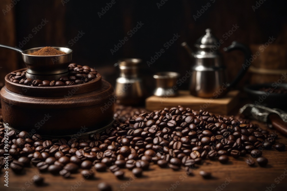 Coffee beans with tools for grinding ancient coffee
