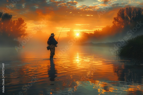 An ethereal morning scene with a fisherman casting his line into a misty river as the sun rises