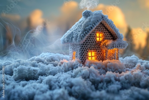 A miniature knitted house is illuminated from within, casting a spell over the frosty landscape around it photo