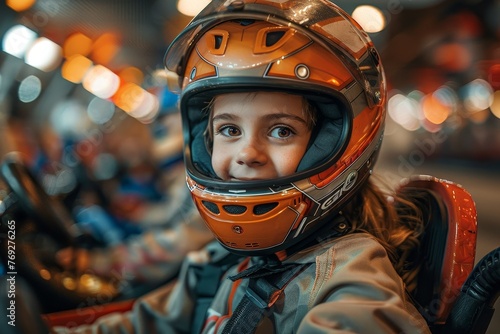 In-depth shot of young racer with a reflective helmet in a go-kart, show of concentration and joy photo