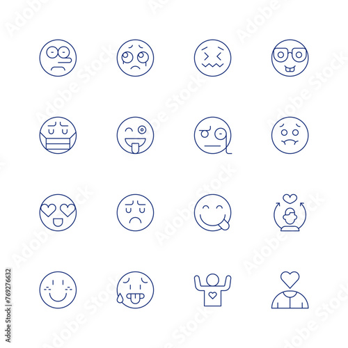 Expressionism line icon set on transparent background with editable stroke. Containing liar  facemask  inlove  happy  sad  wink  dissapointment  heated  disturb  glasses  analytical  vomiting.