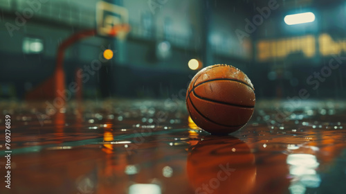 basketball ball on a dark wooden floor of basketball court, inside a modern sports gym, basketball arena