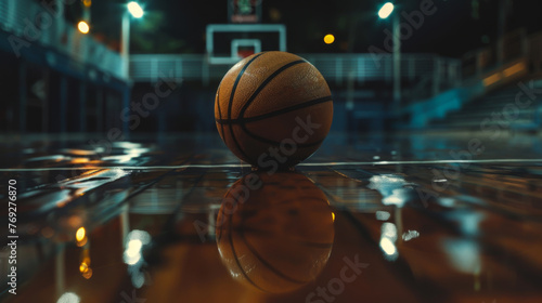 basketball ball on a dark wooden floor of basketball court, inside a modern sports gym, basketball arena
